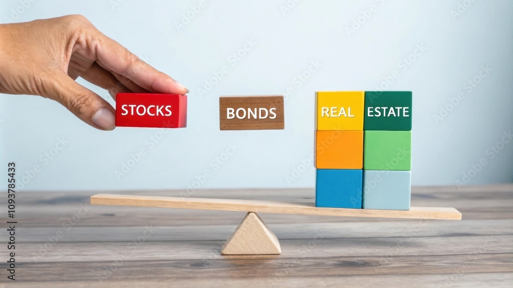 Poster a hand placing colorful blocks labeled with stocks bonds and real estate into a balanced scale showi