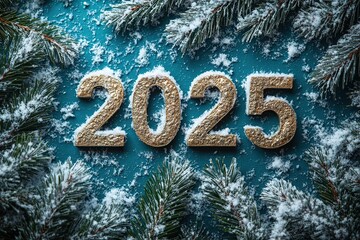 The golden figures 2025 made of candles on a black stone slate background are decorated