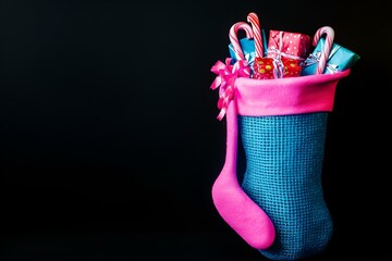 A visually stunning neon pink and blue stocking overflowing with gifts and candy canes contrasting against a black backdrop.