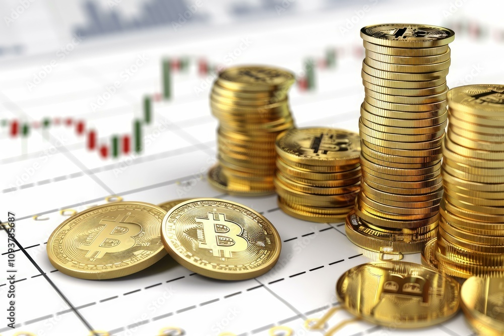 Poster stacks of gold bitcoin coins are laying on a chart showing the fluctuating values of the cryptocurre