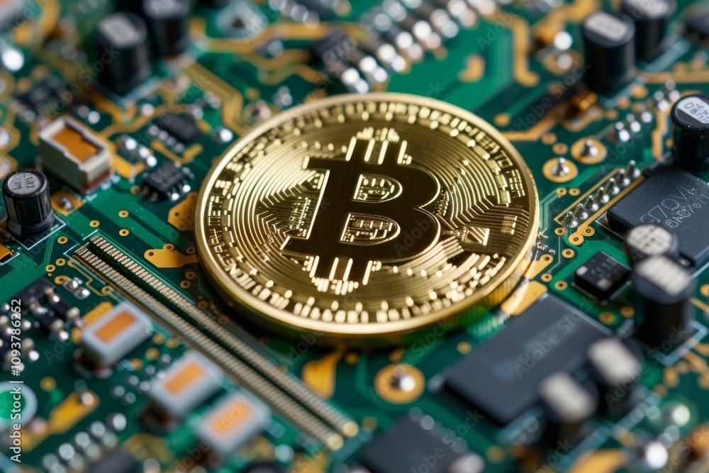 Aufkleber gold bitcoin coin is lying on a computer motherboard, symbolizing the connection between cryptocurre