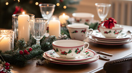A festive dining table set with elegant Christmas-themed dishes and candles.