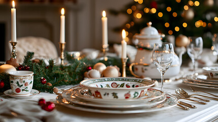 A festive dining table set with elegant Christmas-themed dishes and candles.