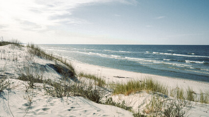 A beautiful sandy beach features a large body of water in the background