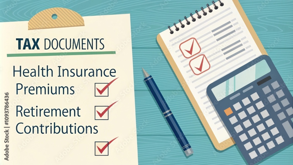 Poster a visual of a checklist next to a calculator with items checked off such as tax documents health ins