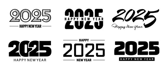 Set of 2025 Happy New Year greeting text designs. Christmas banner, poster, festive greeting card or seasonal promotion template. Collection of 2025 numbers with greetings. Vector illustration