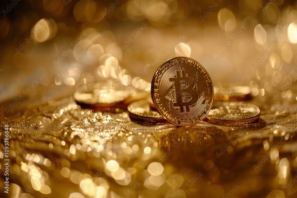 Aufkleber bitcoin cryptocurrency standing on a golden shiny surface with bokeh background