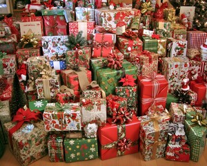 Fototapeta premium Set of delicately arranged Christmas gifts and decorations. There is space for text, such as New Year wishes or important messages. Perfect for use as a New Year card background for special occasions.