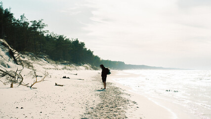 A person is standing on a sandy beach with lush trees in the background