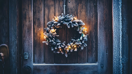 A frosty wreath with icicle lights hanging on a rustic wooden door.