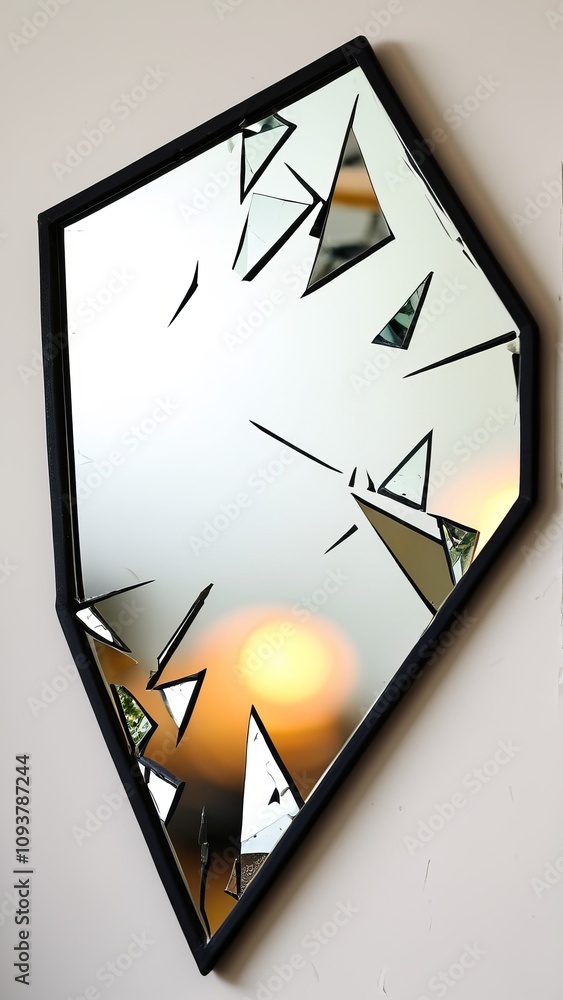Poster abstract geometric shapes in broken mirror reflecting soft light and colors