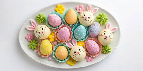 Colorful Easter eggs and bunny cookies for festive spring celebrations, perfect for blogs, greeting cards, and holiday-themed designs