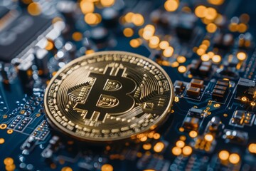 Golden bitcoin lying on computer motherboard is illuminating concept of cryptocurrency mining