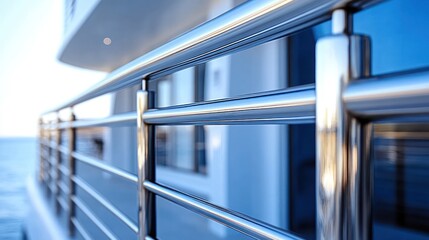 Naklejka premium Modern stainless steel railing on balcony overlooking ocean.