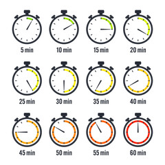 Stopwatch icons. Colorful simple chronometer, time counter with dial. Countdown timer showing hours and minutes. Deadline, measurement for sport. Cooking time label, sticker. Vector illustration