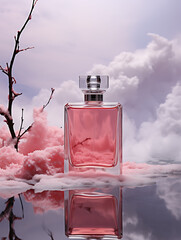 bottle of perfume on pink background