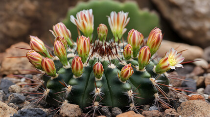 A macro shot of a cactus with sharp spines and tiny flowers blooming at the top.