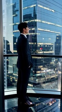 Confident businessman in a tailored suit standing in a high-rise office overlooking a panoramic urban skyline, symbolizing ambition and corporate vision