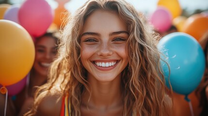 Naklejka premium Celebrating international day of happiness joyful people smiling with balloons outdoor festivities bright atmosphere