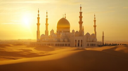 Grand mosque in desert setting, golden domes gleaming, surrounding sand dunes, bright sunlight 
