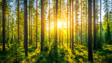 Obraz premium A majestic pine tree forest with sunlight streaming through the tall trees.