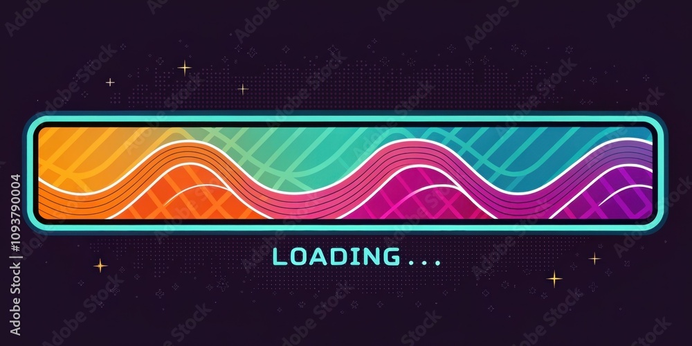Poster colorful waves a pixelated loading bar that showcases swirling neon colorsorange teal and fuchsiaflo