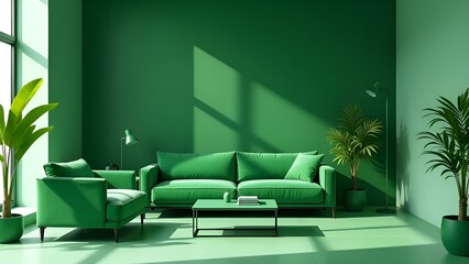 Total green Minimalistic interior, all furniture is green, walls are green, floor is green. Green plants.
