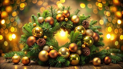 Fototapeta premium Beautiful Traditional European Christmas Wreath Decorated with Golden Baubles and Greenery, Perfect for Festive Holiday Decor and Seasonal Celebrations