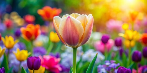 Beautiful Tulip Blooming in a Minimalist Style Surrounded by Colorful Flowers and Lush Green Leaves, Perfect for Nature Lovers and Floral Decor Enthusiasts