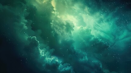 Cosmic Nebula with Glowing Green Clouds