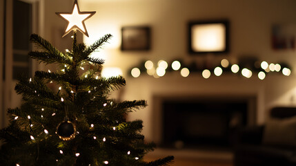 A minimalist Christmas tree with white lights and a star topper in a modern room.
