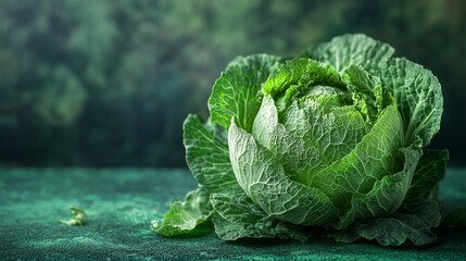 Obraz premium Closeup of a vibrant green savoy cabbage resting on a dark green surface.