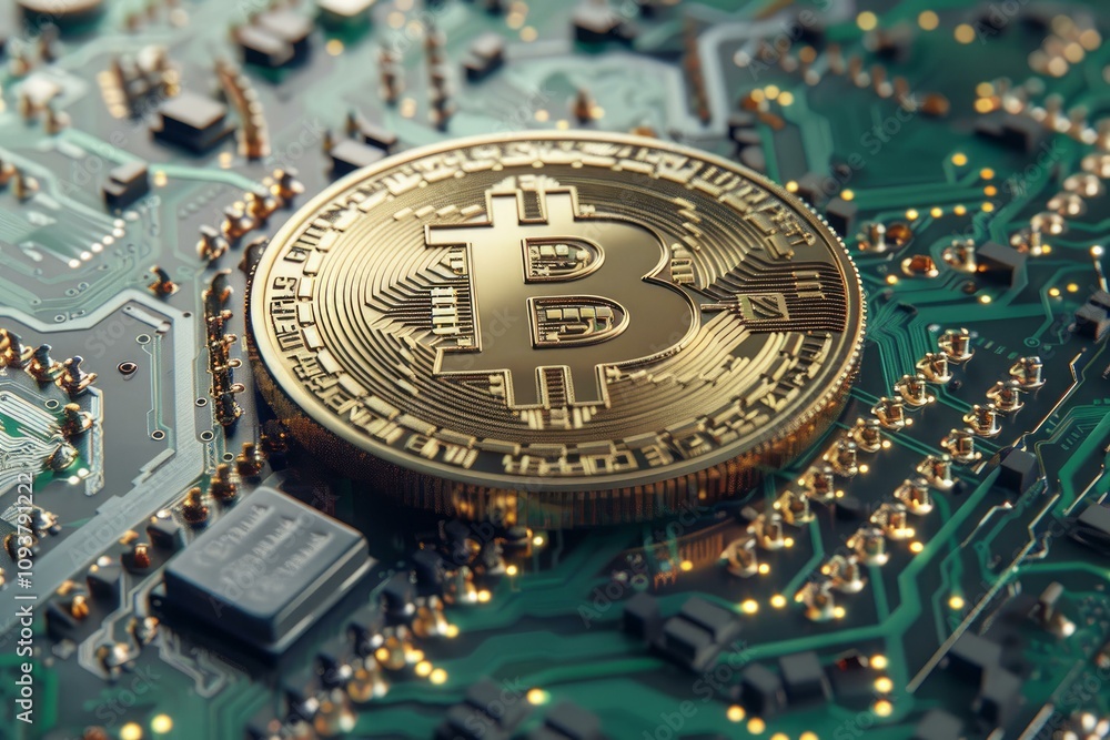 Poster golden bitcoin is lying on computer motherboard surrounded with microchips and glowing
