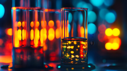 A nanotechnology lab featuring glowing nanoparticles suspended in liquid.