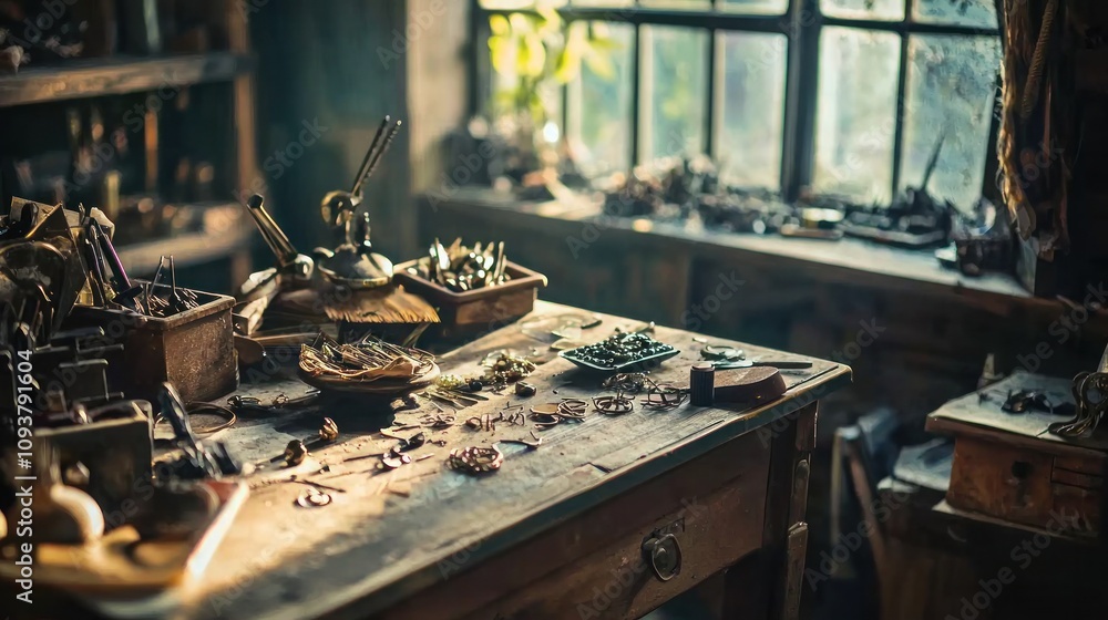 Poster a cluttered workbench in a workshop, with tools, materials and a window in the background