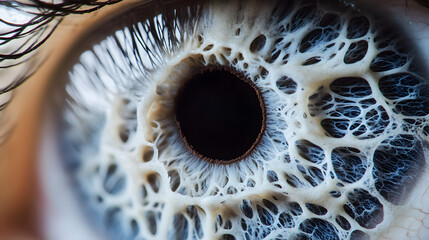 A pale blue-gray eye with intricate web-like patterns around the iris.