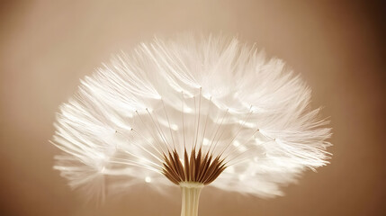 Fototapeta premium A macro shot of a dandelion seed head with intricate white tufts against a blurred background.
