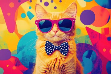 Fototapeta premium A colorful cat in oversized sunglasses and a polka dot bow tie, surrounded by vibrant geometric shapes