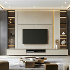 a modern tv unit wall dimensions would be 6 meter wide by 4 meters height the TV unit has ivory beige and oofwhite colors the materials that will be used