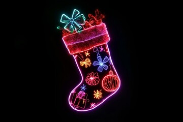 Neon outlined Christmas stocking adorned with glittering ornaments and bows isolated on black background.
