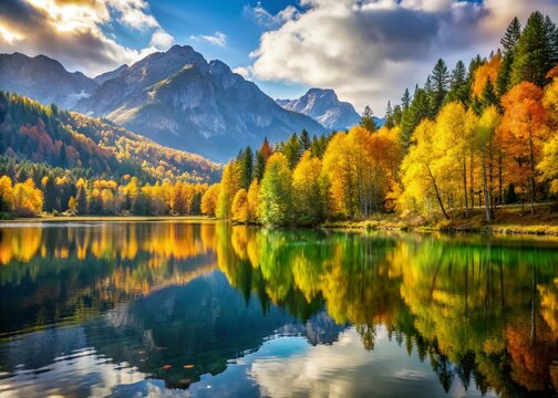 Bokeh Effect of Autumn Colors in Aegeri Lake: Vibrant Yellow and Green Forest Reflections Amidst Majestic Mountains in a Serene Landscape