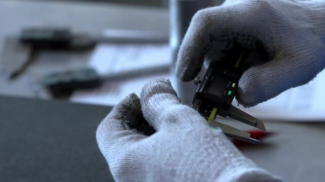 A person in white gloves uses a digital caliper to measure a metal component, with a blurred workspace featuring papers and a red pen in the background.
