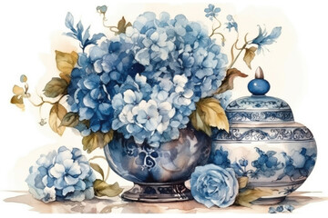 watercolor drawing, chic bouquet of blue flowers in a blue vase, vintage style, on a white background., watercolor style,  