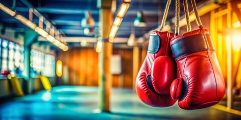 Boxing Gloves Hanging in a Training Space with Copy Space for Sports Equipment Promotion or Fitness Design, Ideal for Gym and Boxing-Related Content