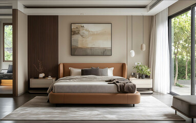 Photographer Chen Mans fashionable photography styledark coffee leather bed front view product photography bedroom modern minimalistic style Beige and da