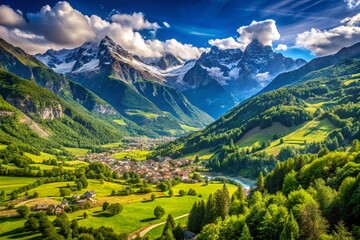Breathtaking Candid Photography of the Scenic Val d'Aosta Countryside Showcasing Majestic Mountains, Lush Green Valleys, and Serene Blue Skies in Italy's Enchanting Landscape