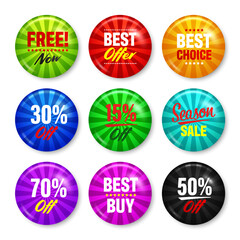 Obraz premium Realistic funky badges with text. Product promotion, sale. Special offer. Glossy round button. Pin badge mockup. Vector illustration