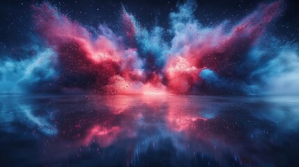 Red and blue nebula clouds reflecting on dark water.