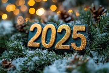 The golden figures 2025 made of candles on a black stone slate background are decorated