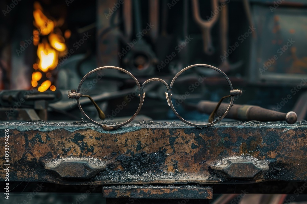 Poster round eyeglasses are resting on an anvil in a blacksmith's workshop, with a burning forge in the bac